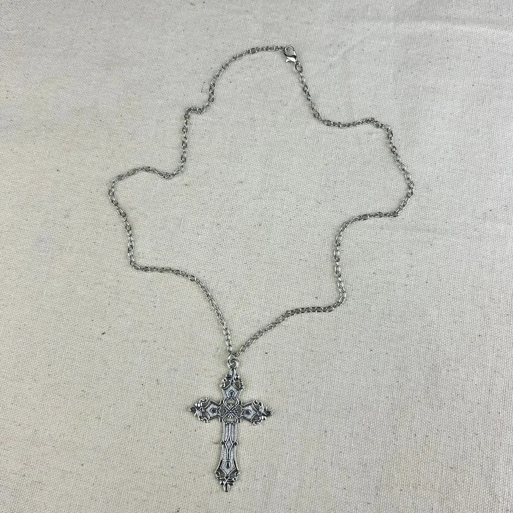 Vintage Y2K silver renaissance cross opium cyber punk style necklace emo goth